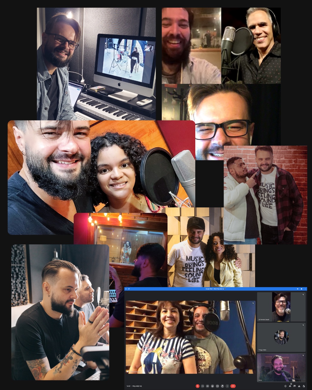 Mosaico de sessões de direção e produção com artistas — online e presencial